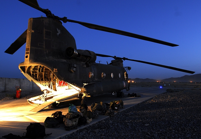 Australian CH-47D Chinook helicopter A15-103 preparing for an early morning mission somewhere in Afghanistan, date unknown.