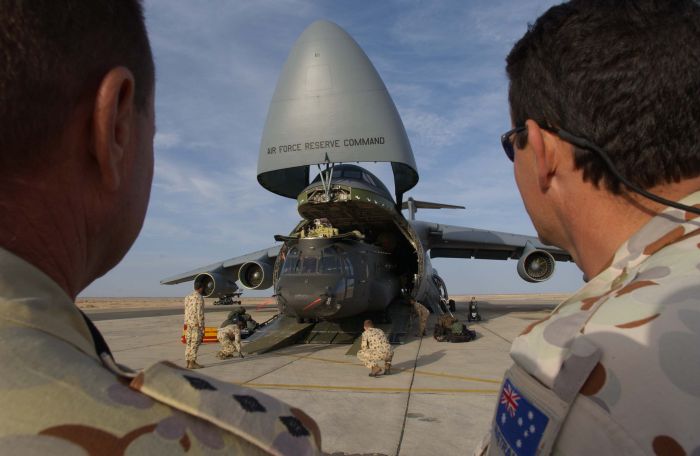 Australian CH-47D Chinook A15-103 transported by U.S. Air Force Reserve C-5 Galaxy Cargo Aircraft.