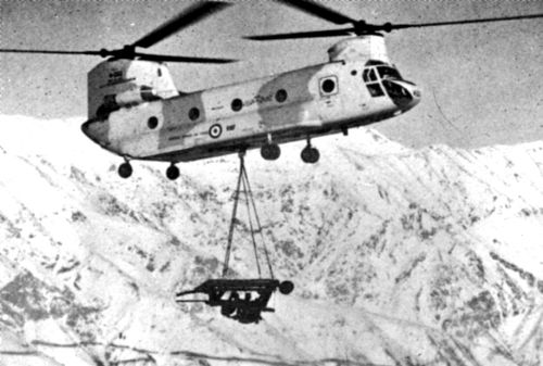 An Iranian Chinook was transporting an army snow bridge to the 17,860 foot high Zagros mountains, west of Iran.