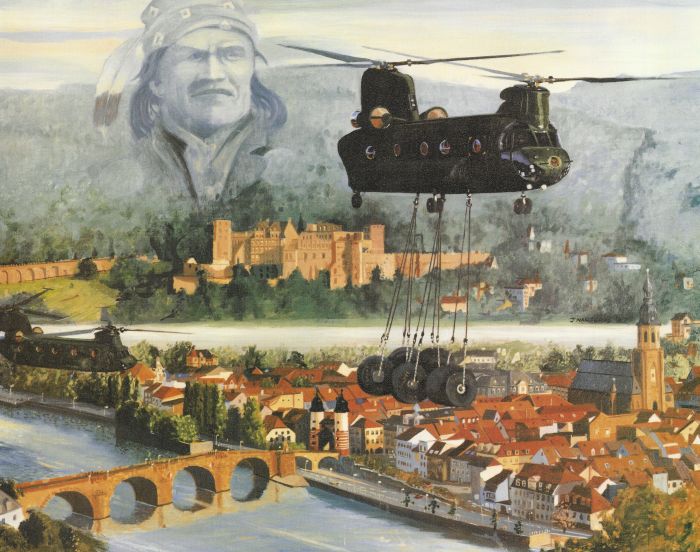 A painting done for the Geronimos after the unit received D model Chinook helicopters during their stay in Germany during the Cold War, painting commissioned in 1988.