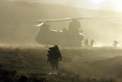 U.S. Army soldiers get into a CH-47D Chinook helicopter, as it prepares for takeoff in the Shahi Kot mountains in Afghanistan.