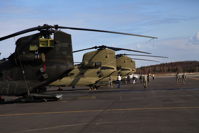 18 April 2012: CH-47F Chinook helicopters arrive at Ladd Field, Fort Wainwright, Alaska. D model 86-01665 is in the foreground.