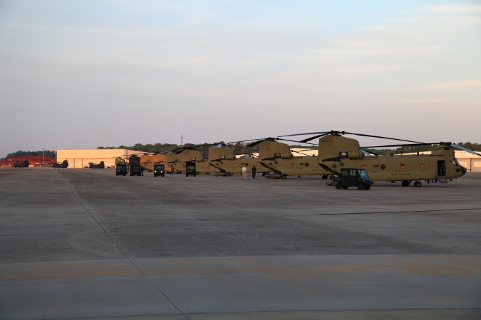 10 April 2012: Sunrise begins to strike the CH-47F Chinook helicopters as the time for engine start approaches at Hunter Army Airfield.