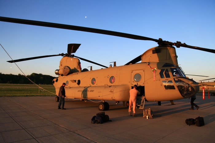 CH-47F Chinook helicopter 08-08771 at sunrise on the ramp at Spirit of St. Louis Airport, Missouri.