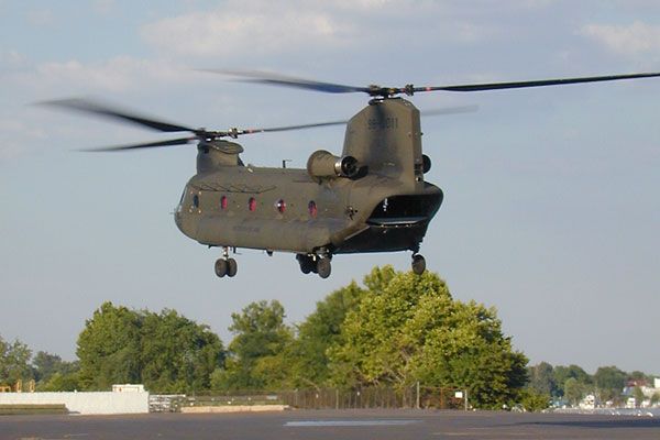 The first flight of Boeing's F model Chinook, tail number 98-00011.