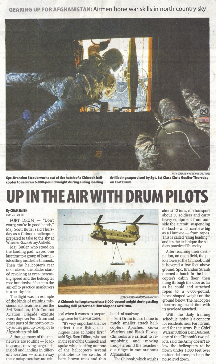 21 March 2010: A Watertown Daily Times, of Watertown, New York, newspaper article featuring the new F model Chinook helicopter.