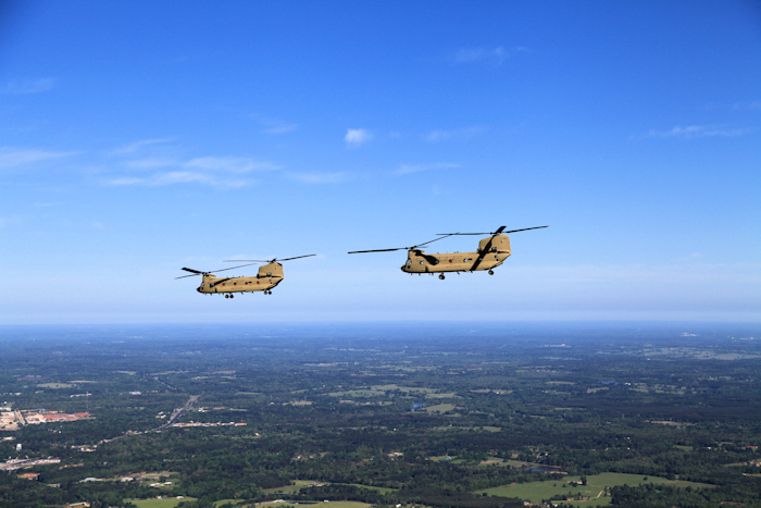 CH-47F Chinook helicopters flying high above central Texas.