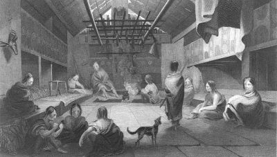 Chinook group inside a cedar plank lodge, Oregon, in engraving made 1841.