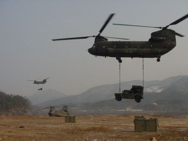 U.S. Army Chinooks operating in the country of South Korea, circa February 2002.