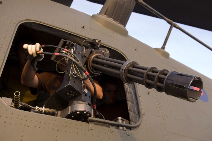 The M134 minigun in use on some Royal Air Force Chinook helicopters.