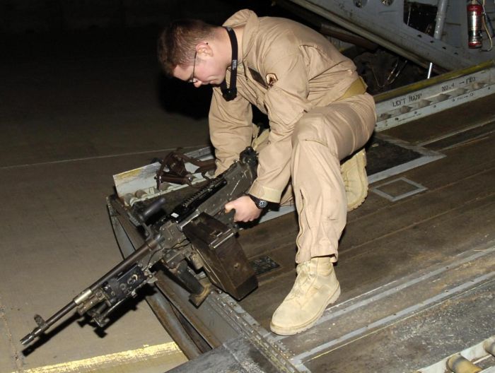 The M240B 7.62mm Machine Gun mounted on the ramp of a CH-47D Chinook helicopter.