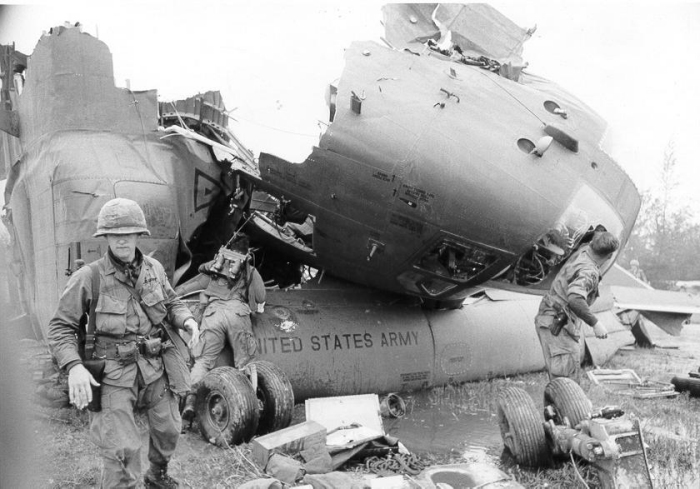 From Andy Dulay: My CH-47 crash in Vietnam. This photo also showed up in an issue of Look magazine, circa 1968. The cause of the crash was a dual hydraulic failure at low level and high speed. We were inverted and traveling backward at about 50 knots by the time we hit the ground. Amazingly, nobody was killed, but everyone in the crew was injured. Photographer unknown.