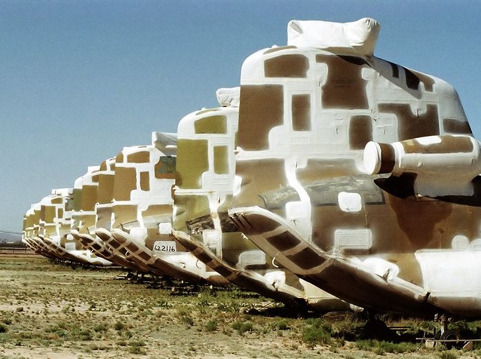 A model Chinook helicopters in storage at Davis-Monthan Air Force Base, Arizona, circa early 1990s.