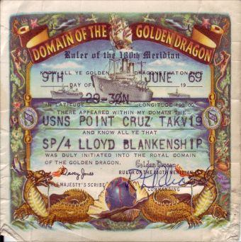 A certificate issued to Lloyd Blankenship for crossing the International Date Line via ship.