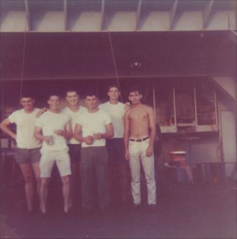 The Chinook helicopter deployment crew members on the USNS Point Cruz, June 1969.