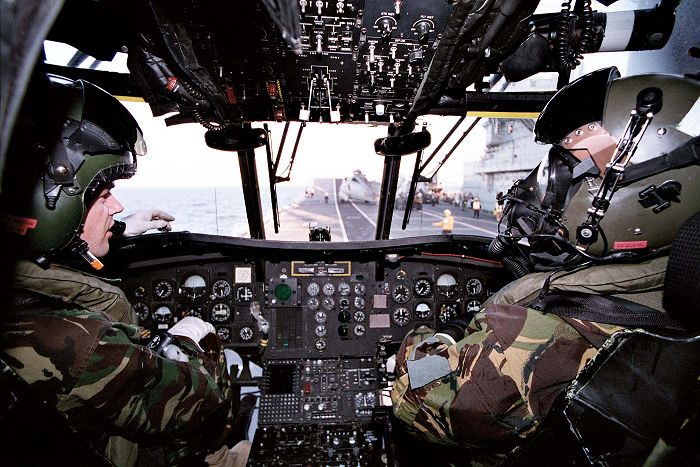 Pilots of 18(B) Chinook squadron from RAF Odiham land onboard HMS Ark Royal during flight deck landing practice.