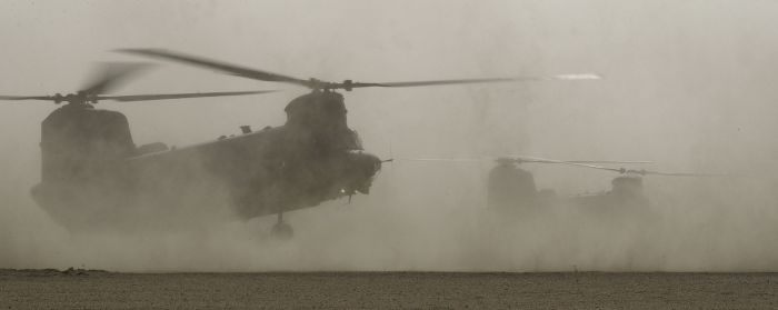 A pair of RAF Chinooks conduct exercises with troops of 16 Air Assault Brigade.